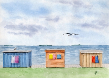Postkarte DIN-A5  Aquarell Kunst Druck Kunstdruck Strandkorb Sonnenuntergang Dänemark Nordsee Dagebüll bunte Badebuden von hinten - DB4
